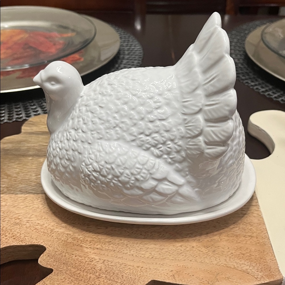Cute Turkey Butter Dish Ceramic White Thanksgiving